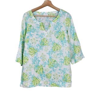 J Jill Sea Turtle 100% Linen 3/4 Sleeve Blouse Top womens size extra small XS